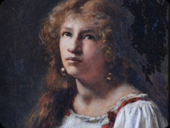 Olio su tela
Jules Valadon
Pittura intermedia, sospesa nell’ottocento,
bella espressione di ragazza dai capelli fulvi
