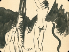 China su carta
Enrico Baj 
Adamo triste, Eva curiosa, il serpente svelto: 
l’Eden inventato da un maestro del surrealismo italiano

