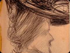 Matita su carta
Giovanni Boldini 
Il groviglio di segni compone il copricapo
di una donna dal volto duro ma velato
