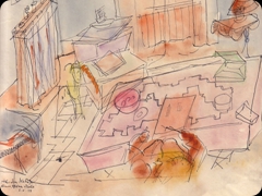 Acquerello su carta
attribuito a Paul Klee 
Lo studio dell’artista visto dall’alto,
in un reticolo di linee che definiscono gli oggetti